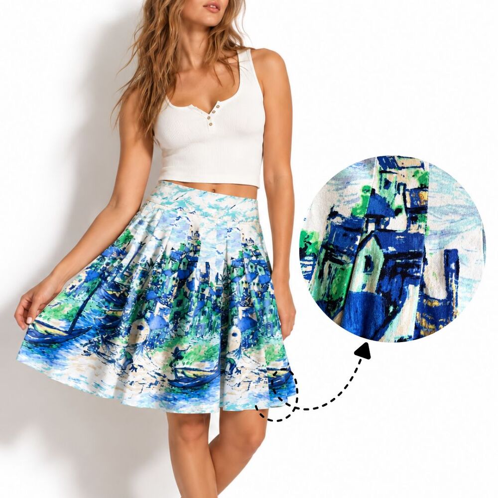 Talbots Pleated Skirt Womens 2 Blue Green Venice Italy Scenic Print A-Line